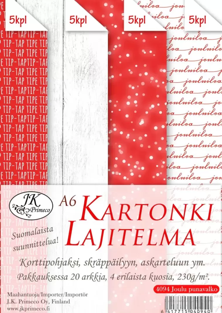 J.K. Primeco A6 Kartonkilajitelma Joulu Punavalko 20Ark Flash Sale